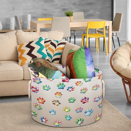 Pardick Cute Paw Skin Large Round Storage Basket Collapsible Circle Storage Bin Laundry Hamper With Handle for Kids Toy Blanket Clothes Towel Living Room Nursery Storage Organizer Decor - color: Print 11