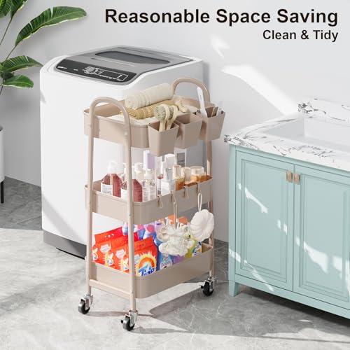 3 Tier Khaki Metal Utility Rolling Cart, Storage Cart with Handle and Lockable Wheels, Multifunctional Organizer Trolley with Mesh Storage Baskets for Kitchen, Office, Living Room, Laundry, Garage - color: Rustic Khaki, size: 3 tier
