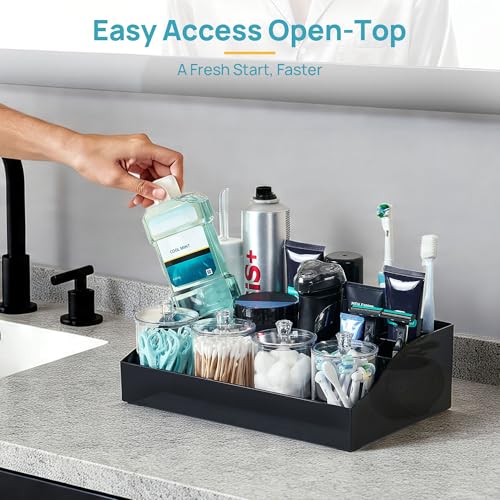 Vtopmart 5 PCS Bathroom Countertop Organizer, 1 Divided Tray with 4 Qtip Holder Jars, Restroom Clear Organizers for Toothbrush, Cotton Pads Balls, Floss, Bathroom Vanity Accessories Storage Set, Black - color: Black