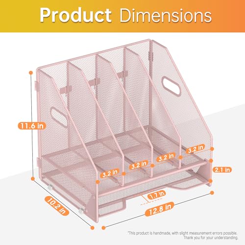 Docnest Desk File Holder Sorter, 4 Vertical Compartments Rack with Letter Tray, Mesh Magazine File Holder with Handle,Workspace Organizers,Desk Organizers for Paper, Mail, Documents-Pink - color: Pink-4 Compartments