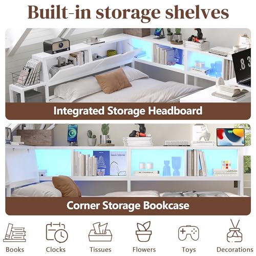 HRVEOCEI Corner Bed Frame Twin with Storage Bookshelf & Desk, U-Shaped Daybed Frame with 2 Drawers, Metal Corner Beds with Charging Station & LED Lights for Bedroom, Flip Left or Right (White, Twin) - color: White, size: Twin