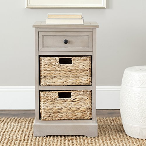 SAFAVIEH Home Collection Carrie Vintage Grey / Natural Wicker 3-Drawer Storage Nightstand Side Table (Fully Assembled) - color: Vintage Grey