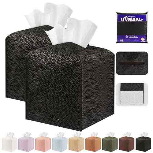 Tissue Box Cover Holder Square Tissue Cube Cover PU Leather Tissue Organizer with Bottom Belt for Bathroom, Tabletop, Car, Night Stands, Office, Home, Kitchen (2, Black) - color: Black