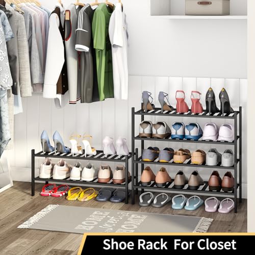 4-Tier Bamboo Shoe Rack for Entryway, Stackable | Heavy Duty | Multi-Function, Free Standing Shoe Racks for Bedroom Hallway Closet（Black） - color: Black, size: 4-Tier-Standard