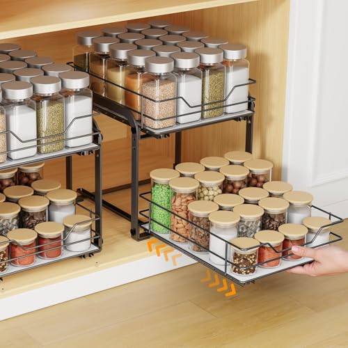 Spice Rack Organizer for Cabinet, 2 Tier Vertical Pull Out Spice Rack – Heavy Duty Metal Spice Organization for Cabinet, 40-Jar Capacity, Height Adjustable Cabinet Organizer (9"W×10.5"D×9"H, Black) - size: 9"W X 10.5"D X 9"H - 2 Tier