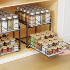 Spice Rack Organizer for Cabinet, 2 Tier Vertical Pull Out Spice Rack – Heavy Duty Metal Spice Organization for Cabinet, 40-Jar Capacity, Height Adjustable Cabinet Organizer (9"W×10.5"D×9"H, Black) - size: 9"W X 10.5"D X 9"H - 2 Tier