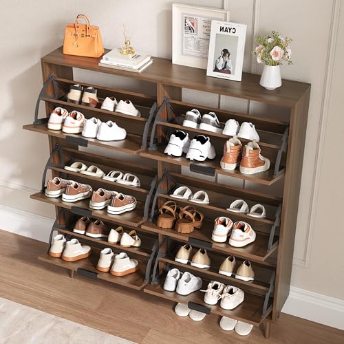 BORNOON Shoe Cabinet for Entryway with 6 Flip Drawers, Slim Wooden Shoe Storage Organizer with Modern Fluted Pannel，Freestanding Narrow Hidden Shoe Rack for Hallway, Foyer, Living Room - color: Walnut, size: 6 Flip Drawers