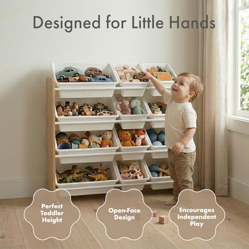 Humble Crew Toy Storage Organizer with 12 Removable Storage Bins for Kids Playroom, 4-Tier Toddler Toy Organization, Natural Wood/White - color: Natural Wood/White