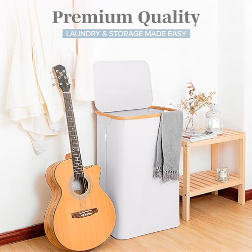LONBET Laundry Basket with Lid, Made from Breathable Fabric | Aesthetic Clothes Hampers for Laundry with Side Handles & Sturdy Bamboo Frame (26 Gallons - Single, Light Gray) - color: Light Gray, style: 26 Gallons - Single