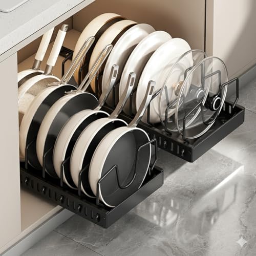 pots and pans organizer under cabinet,pot lid organizers inside cabinet holders for kitchen,Horizontal and vertical pulling modes,cast iron storage ((2pcs) Black vertical) - size: (2pcs) Black vertical