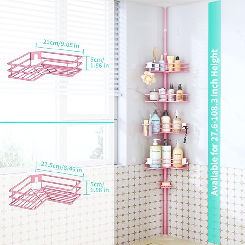 HapiRm Corner Shower Caddy Organizer - Shower Organizer Corner with Soap Holder, Toothbrush Holder and 4 Hooks, Rustproof Bathroom Shelf Tension Pole Available for 27.6 to 108.3 Inch - Pink - color: Pink