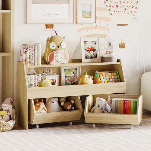 Fulhope Toy Storage Organizer for Kids, Toy Storage Cabinet with Drawers, Boys and Girls Toy Shelf with Wheels, Toy Organizer Kids Bookshelf with Storage for Nursery, Playroom, Bedroom (Burlywood) - color: Burlywood