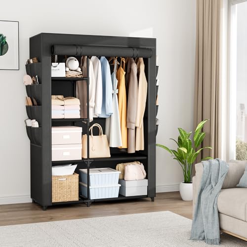 Portable Closets for Hanging Clothes, Wardrobe Closet with Hanging Rod and Clothing Storage Shelves, 8 Side Pockets, Free Standing Clothes Rack with Cover, for Bedroom and Dorm, Black - color: Black, size: 2 Row - 41.7' Wide