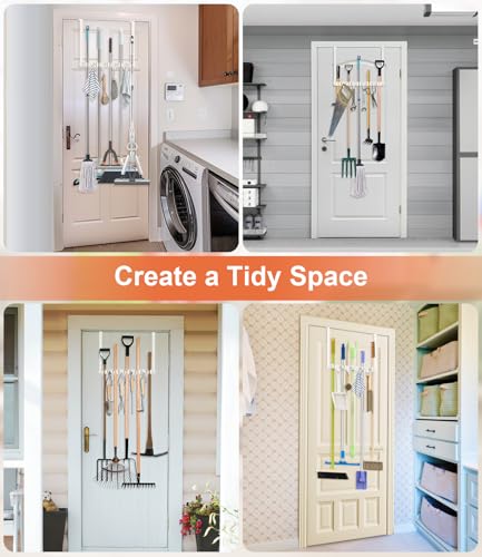 Broom Holder Over The Door Drilling Free Mop and Broom Holder with 4 Over Door Hook, Metal Mop and broom hanger Wall Mount Broom Storage Tool Organizer for Laundry Room Garage Bathroom - white - color: white