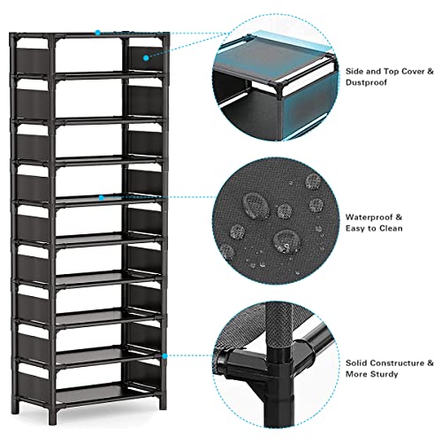Shoe Rack - 10 Tiers Shoe Organizer with Detachable Fabric Shelves & Metal Frame, Up to 20-25 Pairs Narrow Tall Shoe Rack for Closet, Entryway, 17.7" x 11.0" x 63" - color: Black-11"d X 17.7"w