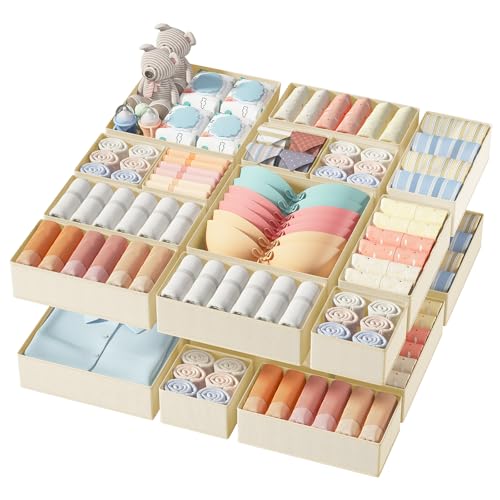 DIMJ Drawer Organizer Clothes, 18 Pack Dresser Organizer, Foldable Closet Organizers and Storage, Fabric Dresser Bins, Drawer Dividers for Nursery, Baby Clothes, Underwears, Sock (Beige) - color: Beige, size: 18 Pack