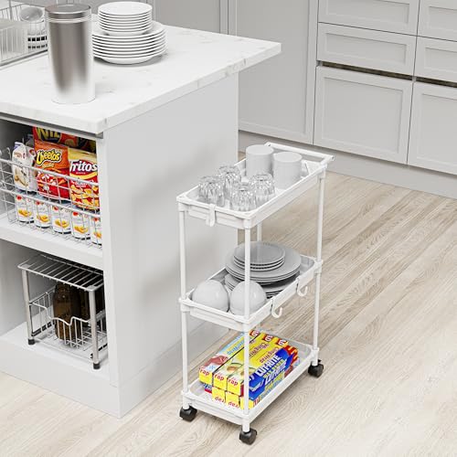 SimpleHouseware Standard 3-Tier Slim Rolling Storage Cart, White - color: White