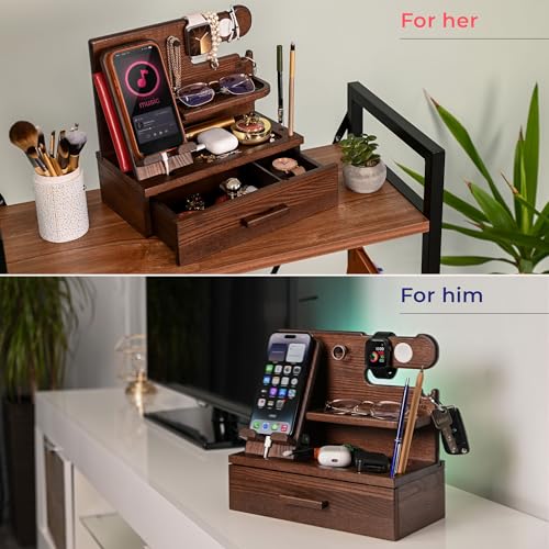 TESLYAR Wood Phone Docking Station with Drawer - Nightstand Organizer - Desk Organizer for Husband - Birthday Gifts for Men, Dad, Anniversary Idea, Key Holder Stand Watch & Accessories (Bourbon Brown) - color: Bourbon Brown