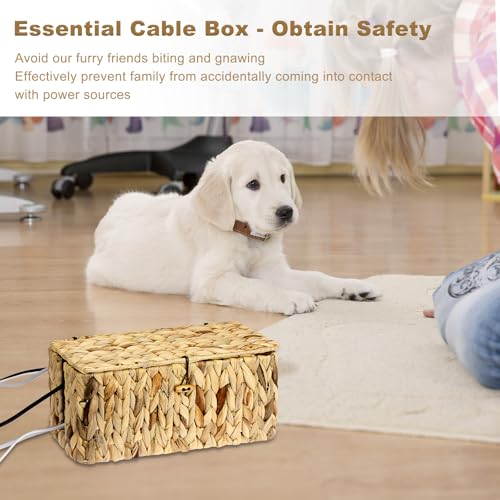 BTSKY Woven Cable Management Box with Lid, Water Hyacinth Cord Organizer for Desk, Cable Organizer Box with 2-Open Slots to Hide Power Strips USB Hubs for Home & Office, Pet Proofing Cord Basket, L - size: L