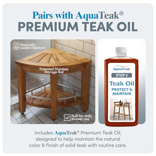 AquaTeak Patented 15.5" Kai Stainless Corner Teak Shower Bench - Shower Stool with Storage Shelf & Premium Teak Oil - Durable Water Resistant Shower Chair - Shaving Foot Rest - Indoor & Outdoor Use - size: Stainless - Teak Oil, style: Corner Stool With Sh