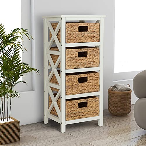 eHemco 4 Tier X-Side End Storage Cabinet with 4 Wicker Baskets, White - color: White, size: 14"D x 14"W x 32.1"H (4 Drawers)