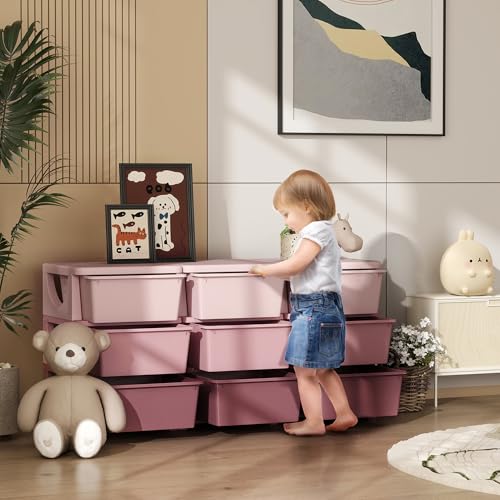 Qaba 3 Tier Kids Storage Unit, Toy Organizers and Storage with 9 Drawer Chest for Kids Bedroom Nursery Kindergarten Living Room for Boys Girls Toddlers, Pink - color: Pink, size: 44.5" x 14.5" x 22.25"