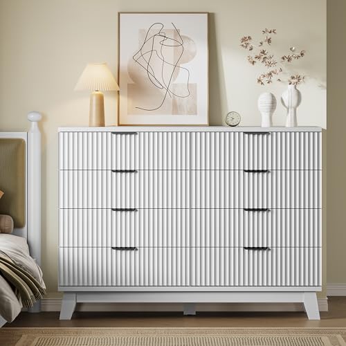 BORNOON 53" Tall Dresser for Bedroom, 8-Drawer Fluted Chest of Drawers, Modern Wood Highboy with Metal Slides and Handles, Anti-Tip Kit, Vertical Clothes Storage Organizer for Apartment, Closet - color: Pure White, size: XL 8-Drawer