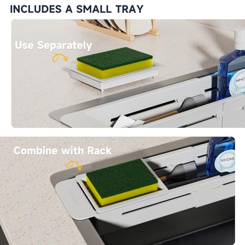 NiHome Extendable Over Sink Kitchen Organizer, Small Telescopic Brush Storage Rack for Sponge, Non-Slip Pads Expandable Sink Caddy, Adjustable Sponge/Brush Rack with Drainage Durable ABS (Gray) - color: Gray, size: Standard