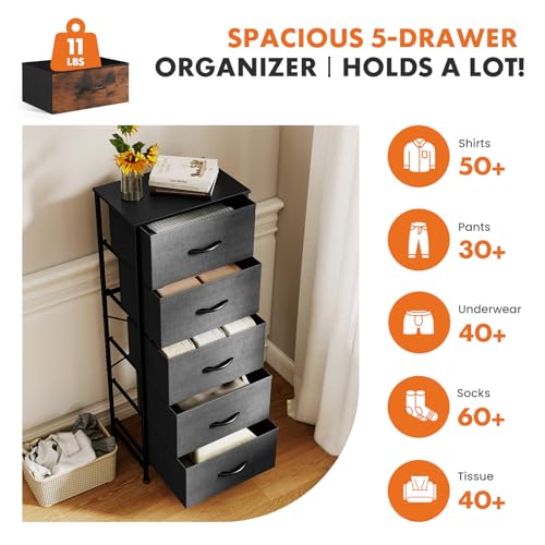 Sweetcrispy 5 Drawer Dresser with Fabric Bins, Sturdy Steel Frame and Wood Top, Storage Organizer Chest for Bedroom, Closet, Hallway, Gray - color: Grey, size: 15.7"D x 11.8"W x 47.7"H (5 Drawers)