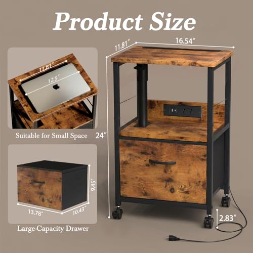 Faesun Swivel Lift Top Nightstand with Charging Station, Rolling Side Table for Recliner, Bedside Table with Wheels & a Fabric Drawer, for Small Spaces, for Bedroom, Living Room, Brown - color: Brown, size: 1 Drawer