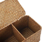 DOKOT Seagrass Woven Storage Basket with Lid, Rectangular Narrow Tampon Toilet Tank Organizer - color: 3 Section with Lid