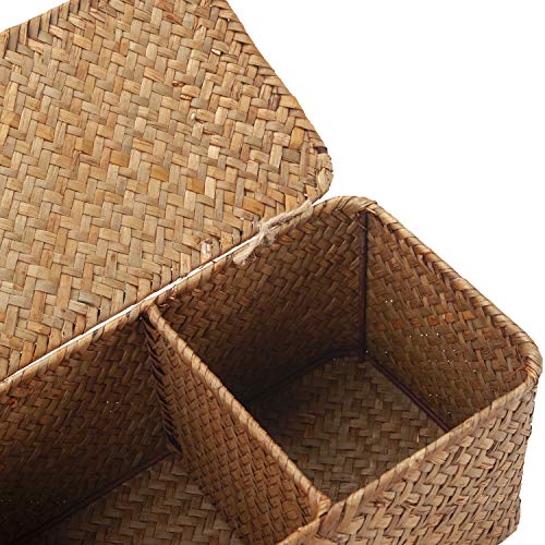 DOKOT Seagrass Woven Storage Basket with Lid, Rectangular Narrow Tampon Toilet Tank Organizer - color: 3 Section with Lid