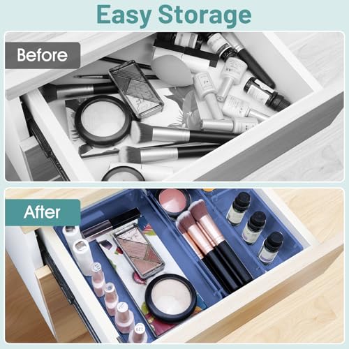 WOWBOX 25 PCS Plastic Drawer Organizer Set, 4 Sizes Desk Drawer Divider Organizers and Storage Bins for Makeup, Jewelry, Gadgets for Kitchen, Bedroom, Bathroom, Office, Clear Dark Blue - color: Clear Dark Blue