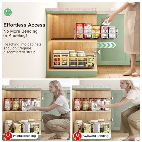 Pull out Cabinet Organizer, Stainless Steel 2-Pack Slide out Drawer with Silent Full-Extension Slides, Adhesive Roll out Can Spice Storage Basket Shelf Rack for Pantry, Kitchen, Bathroom, Home Closet