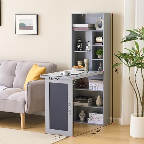 Folding Desk with Storage,Foldable Convertible Writing table with Blackboard and Shelves,Wall Mount Fold Out Table Cabinet , Space-Saving Murphy Desk for Multi-Function Home Office Workstation (Grey) - color: Grey