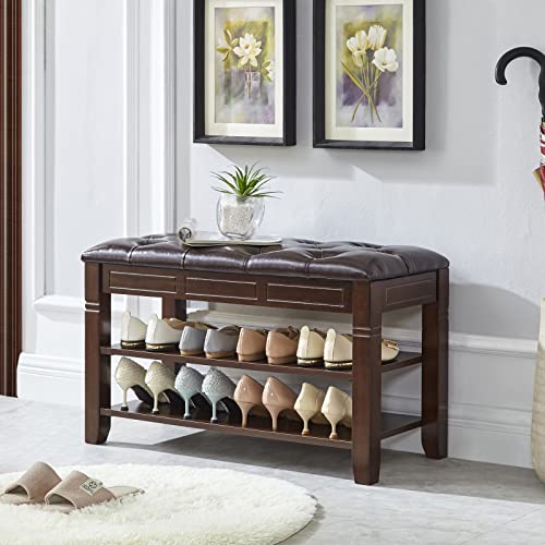 LEILISI Shoe Bench, Storage Rack Organizer with Cushion 2 Tier Lift Top Shoe Rack for Entryway Living Room Bedroom Hallway Wooden Furniture (Brown, 31.5'') - color: Brown, size: 31.5