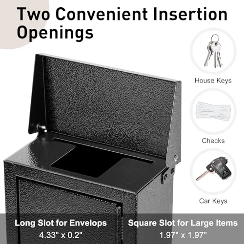 xydled Wall-Mounted Key Drop Box with Key Lock, Metal Mailbox, Indoor& Outdoor Storage Box, Hanging Secured Postbox, for Home & Business Use, 5.5X 3.0X 9.8 inch, Black - style: Key Lock