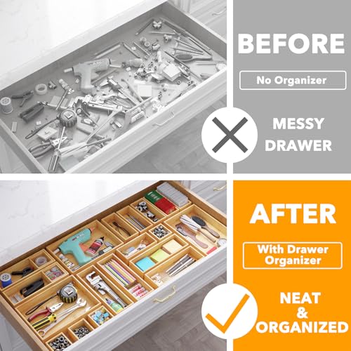 SpaceAid 21-Piece Bamboo Drawer Organizer Storage Boxes Set, Wood Tray Junk Drawer Organizers Multi-Use Divider Bins for Kitchen, Bathroom, Office Desk and Makeup Organization (21 Pack, Natural) - color: Natural