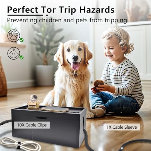 15 inch Bamboo Large Cable Management Box, Cable Box Organizer Cord Box Hider - Power Strip Box Hider Cable Storage Box for Office, TV Wires, Desk Cord Organizer, No Assembley Required, Bamboo (Black) - color: Black