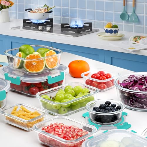 VERONES 30 Pieces Glass Meal Prep Containers Set, Stackable Glass Food Storage Containers with Lids-Airtight Lunch Containers，for Microwave, Oven, Freezer & Dishwasher,Green - color: Green