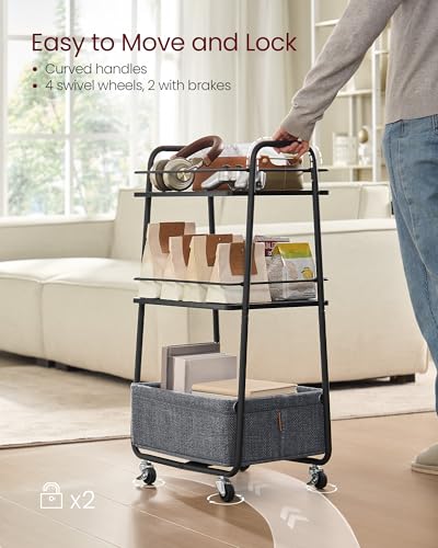 VASAGLE LILEA Collection - Storage Cart with Fabric Basket, 3-Tier Rolling Utility Cart with Wheels and Shelves, for Living Room Bedroom Kitchen, Ebony Black and Slate Gray ULRC001BE02 - color: Ebony Black + Slate Gray, style: 16.9"D x 11.8"W x 31.9"H