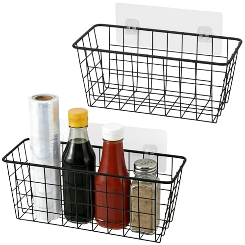 Toplife Kitchen Hanging Basket, No Drilling Cabinet Door Organizer Rack, Wall Adhesive Basket for Cabinet, Cupboard Door, Bathroom, Kitchen Storgae Baskets, Black (2 PacK)