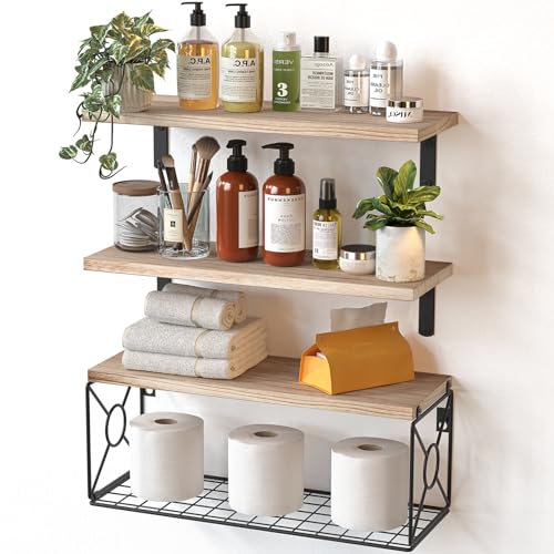 Amada Bathroom Shelves Over Toilet with Storage Basket, Floating Wall Shelf for Home Organization & Wall Decor, Bathroom/Kitchen/Living Room Shelves–Natural Wood - color: Natural Wood