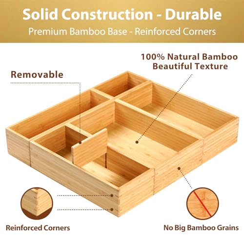 Umilife Drawer Organizer Storage Boxes, 2.5" High Bamboo Drawer Dividers, 5 Rearrangeable Bins for Kitchen, Office Desktop, Clothing, Makeup, vanity, Jewelry - size: 15 x 13 x 2.5" (5 Boxes)