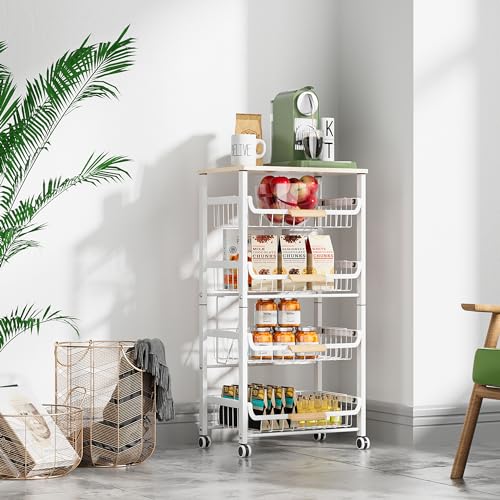 NiuYichee 5-Layer Fruit Basket Kitchen Food Organizer and Rack, Stackable Storage Cart with Desktop, Pull-Out Hollow Metal Basket, Wheeled Sorting Rack Spice Rack, Black - color: Black 5-layer Rack