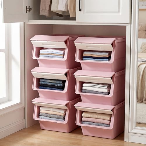 Giantex Plastic Stackable Storage Bins with Lids & Wheels, 3 Pack Open Front Stacking Bins, Organizer Bins for Pantry, Kitchen, Laundry, Closet, Playroom, Bedroom Organization (35 QT) - color: White + Pink, size: 3 Pack, 35 QT