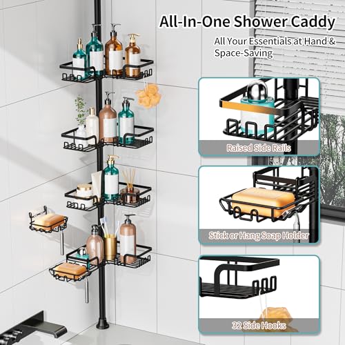 KEGII 2-in-1 Soap Holders x 2 & 32 Hooks Shower Caddy Tension Pole, Stainless Steel Adjustable Corner Shower Organizer for Bathroom, 25–114.2 Inches, Black - color: Black