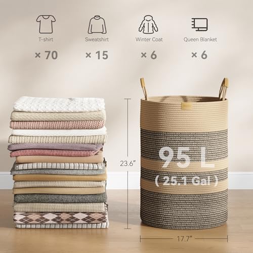 Nunsino 95L Striped Laundry Hamper with Leather Handles,Large Foldable Laundry Basket for Clothes,Cotton Rope Storage Bin for Blankets,Woven Clothes Basket for Bedroom,Dark Brown Stripes - color: Dark&Brown, size: 95L/25.1Gal