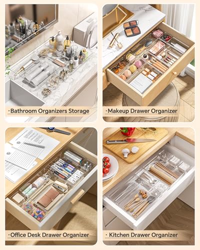 KEMETHY 25 PCS Plastic Drawer Organizers Set, 4 Sizes Vanity Organizer, Makeup and Desk Drawer Organizer Trays, Organization and Storage for Makeup, Bathroom, Kitchen Utensils and Office (Clear) - color: Clear