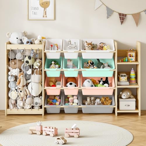 EXPERLAM 3-in-1 Toy Storage Organizer, Stuffed Animal Holder & 3-Tier Bookcase, Solid Wood Toy Organizer with 12 Storage Bins, Space-Saving Toy & Book Shelf for Kids Rooms, Bedroom, Playroom, Multi - color: Multi Color